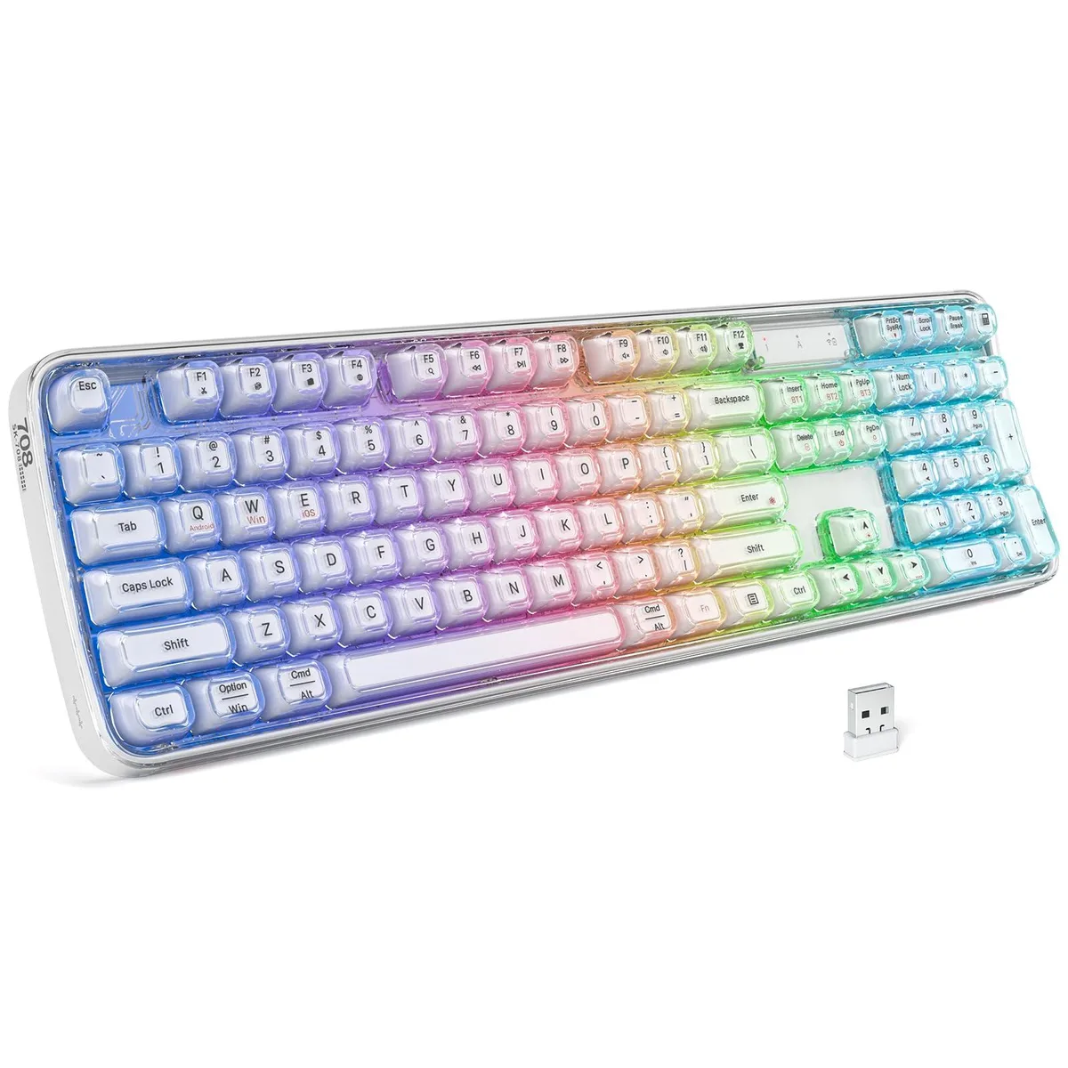 White full-size keyboard with transparent keycaps and RGB backlighting