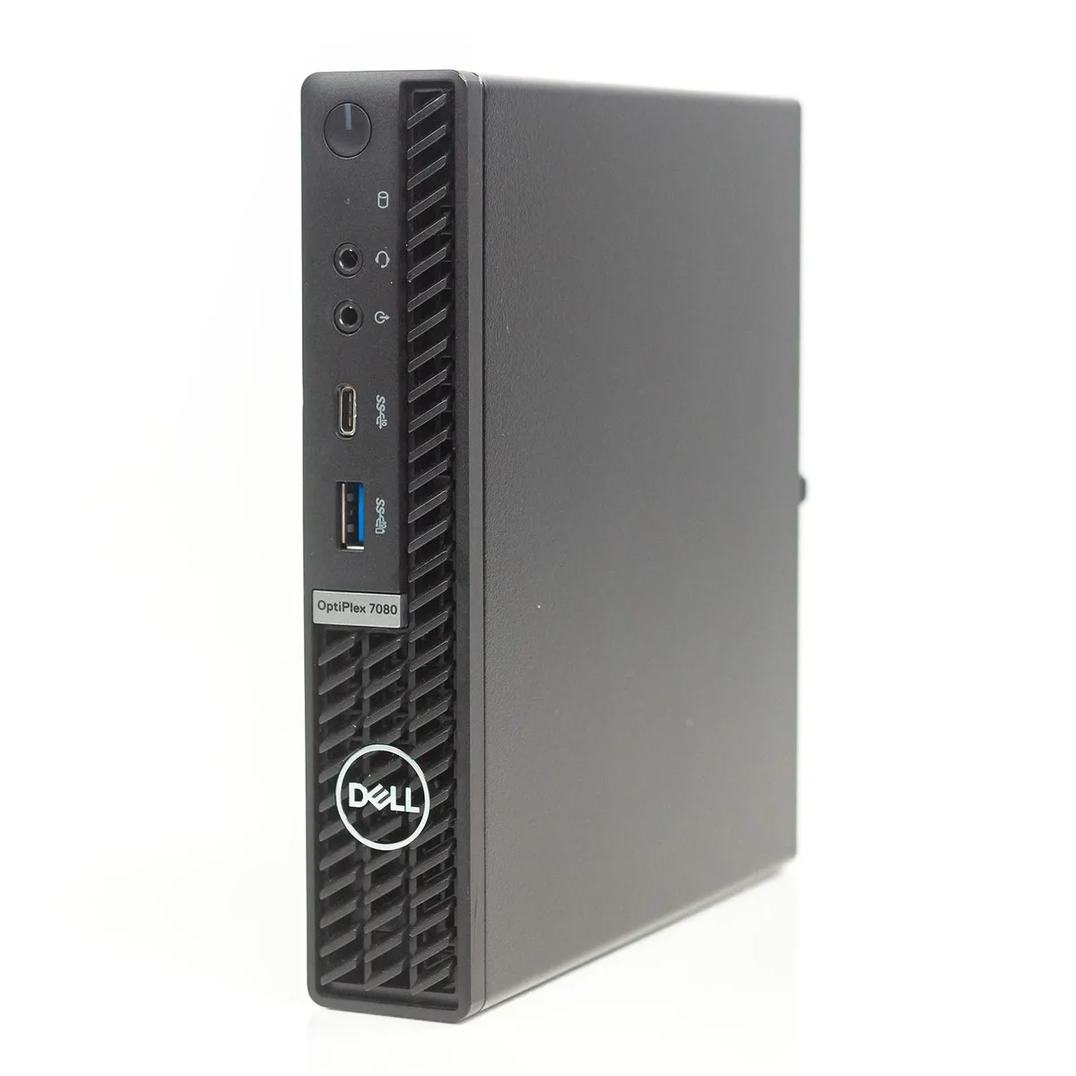 Small black Dell OptiPlex 7080 Micro desktop, compact boxy form factor, matte finish