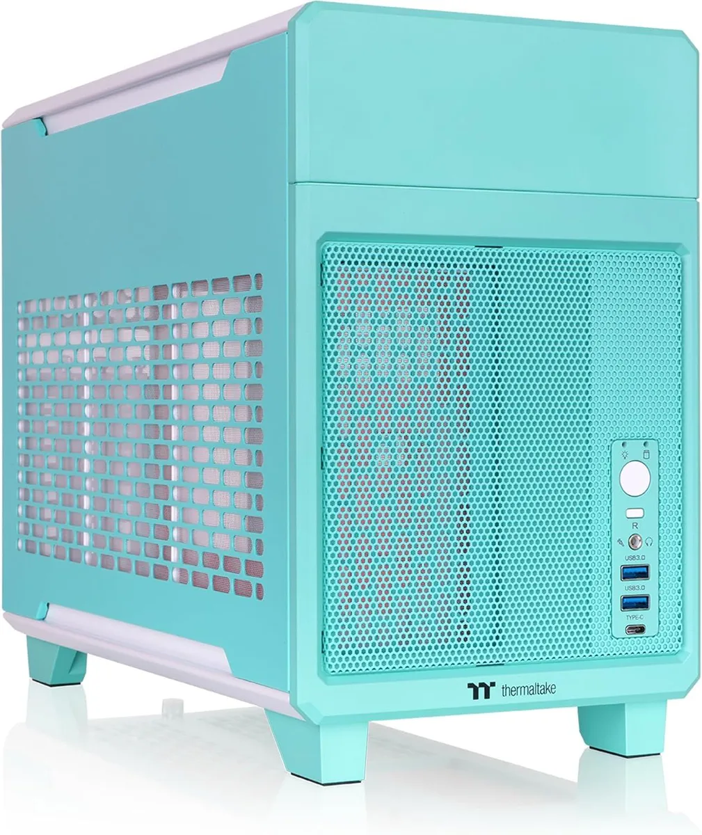 Compact mint strawberry tower case, plastic panels, dual-chamber SFF design