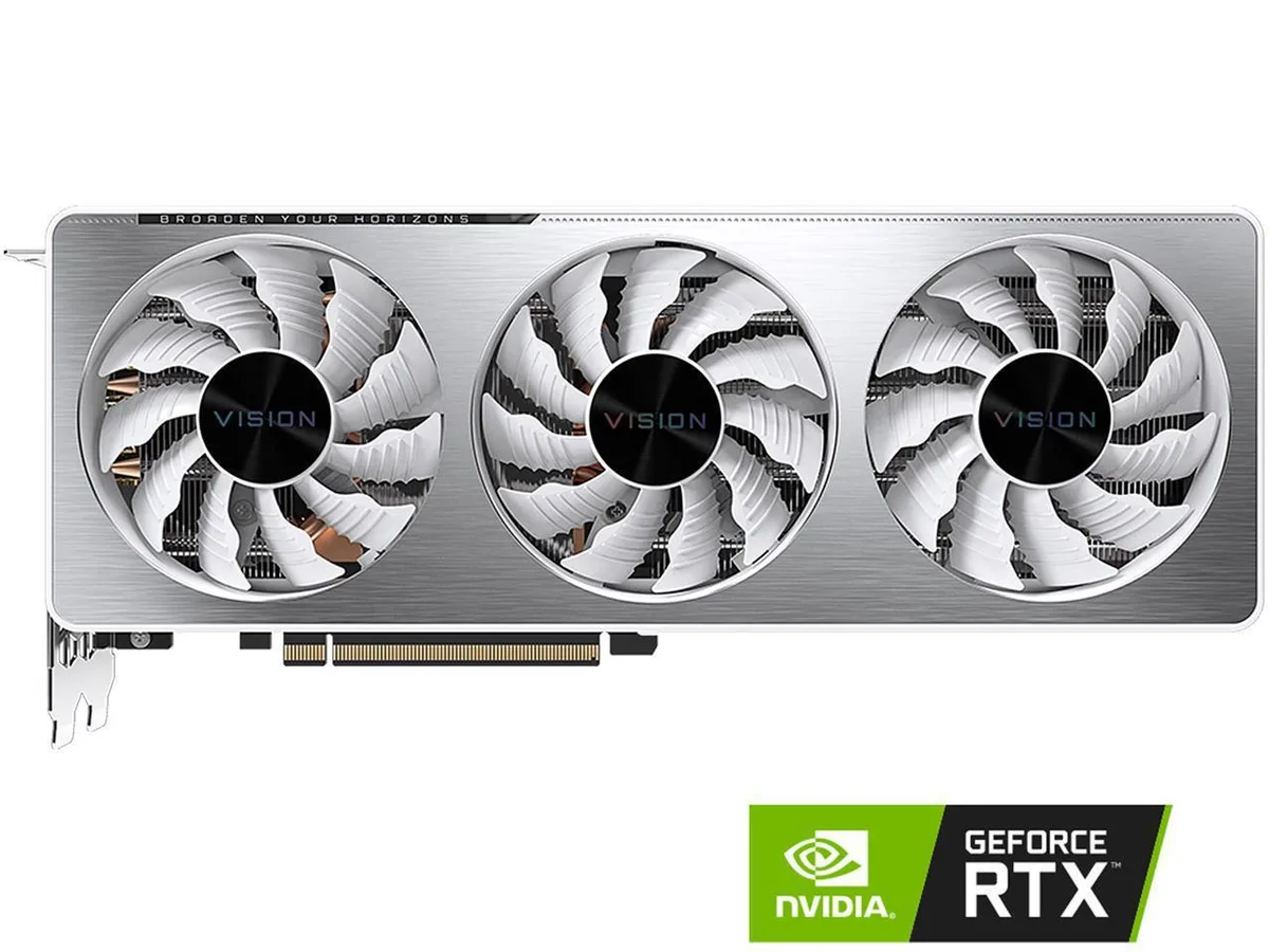 White graphics card with three fans and silver backplate