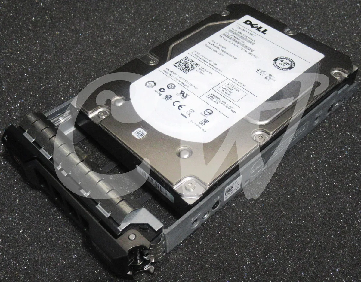 3.5 inch SAS hard drive with silver metal casing and black label in a Dell R series caddy tray
