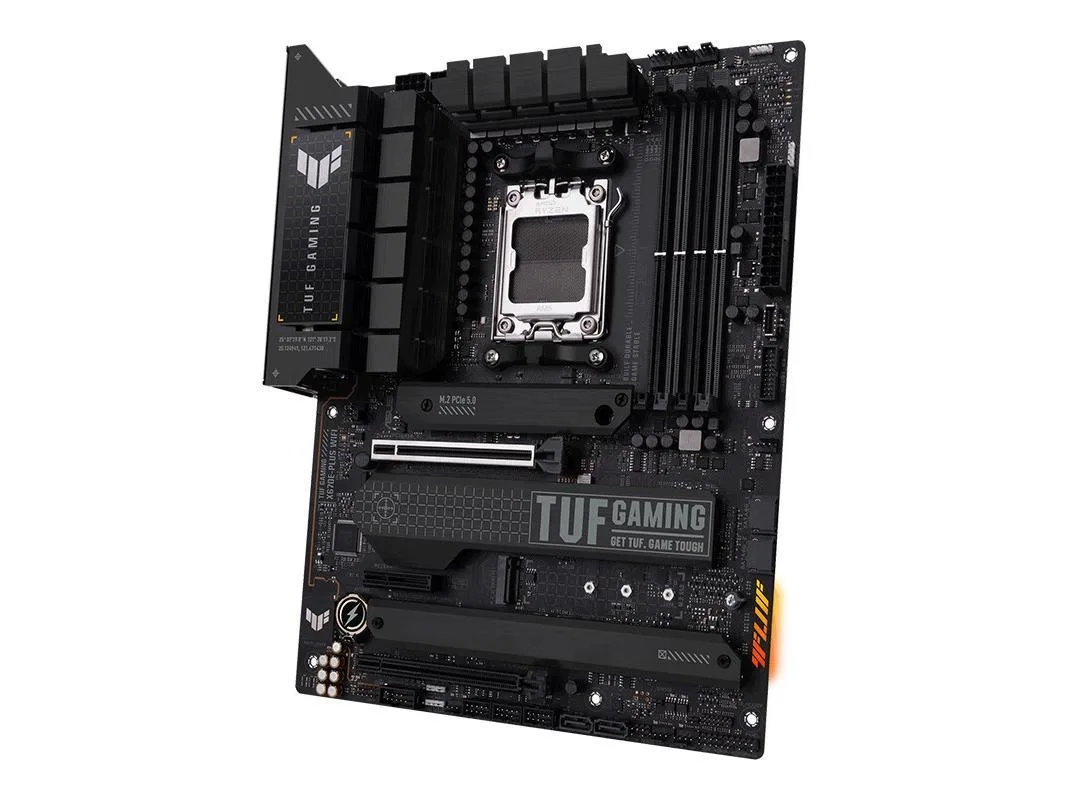 Rectangular ATX motherboard with dark PCB, metal-reinforced slots and integrated I/O shield