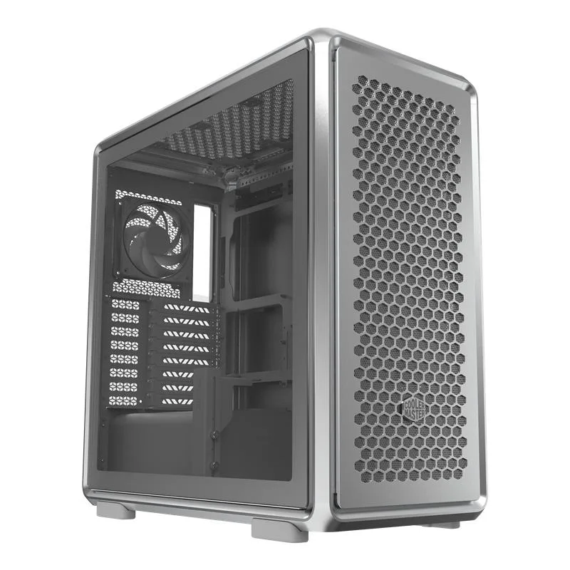 Silver aluminium mid-tower case with tempered glass sides and modular frame