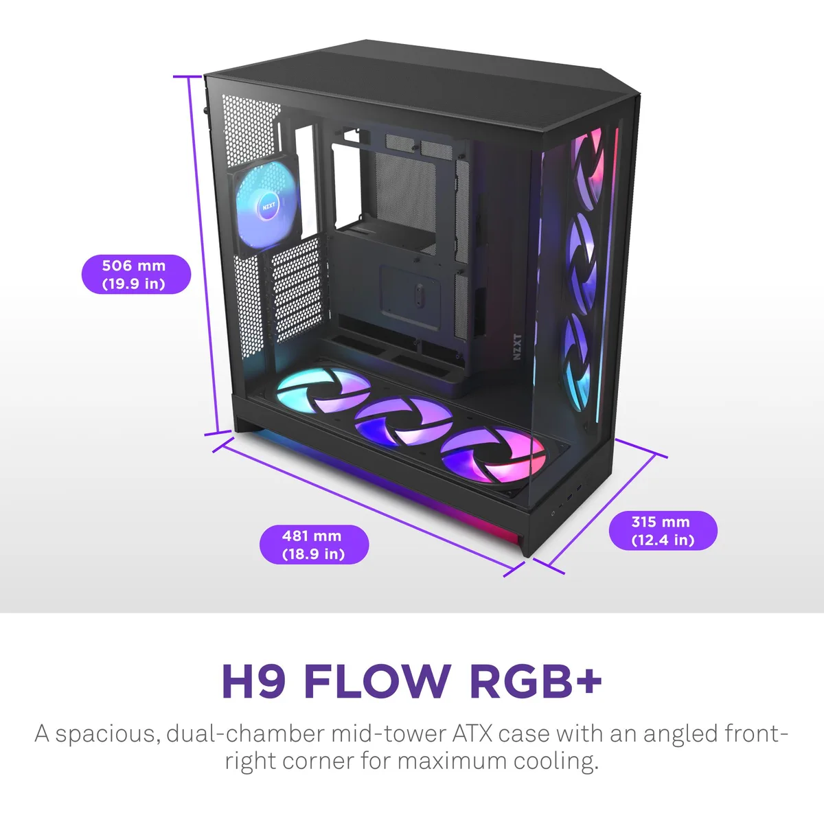 Black ATX mid-tower case with dual tempered glass panels and seven RGB fans visible