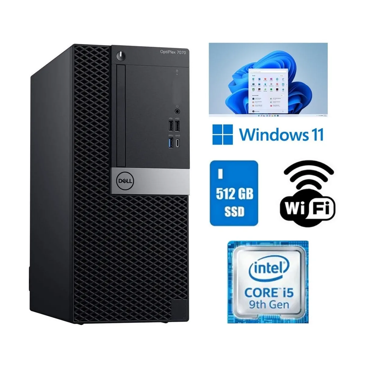 Black mini tower desktop with DVD drive and USB Wi-Fi adapter