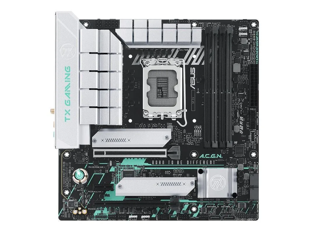 ASUS TX Gaming B760M WIFI D4 Micro ATX motherboard, black PCB with silver heatsinks