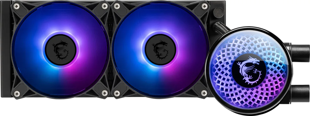 Black 240 mm AIO liquid cooler with two 120 mm ARGB fans and rotatable pump block