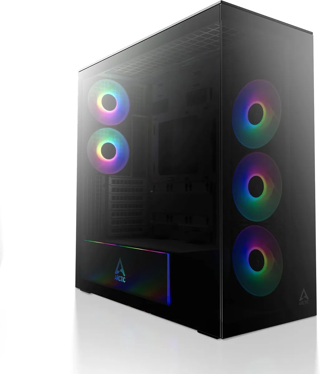 Black mid tower case with tinted tempered glass side panel and visible RGB fans