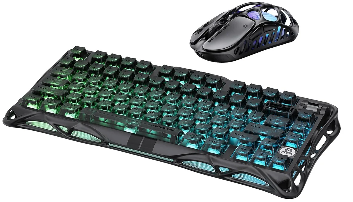 Compact 75% keyboard with hollow magnesium frame and ambidextrous mouse