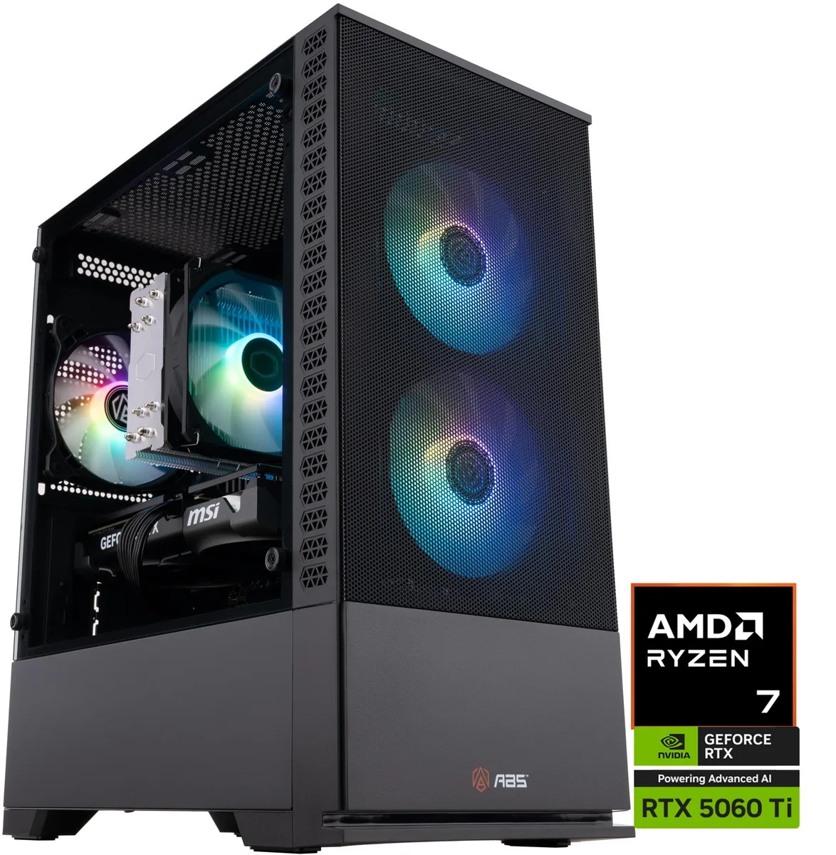 Refurbished ABS Cyclone Ruby tower in dark chassis with RGB CPU cooler and visible graphics card