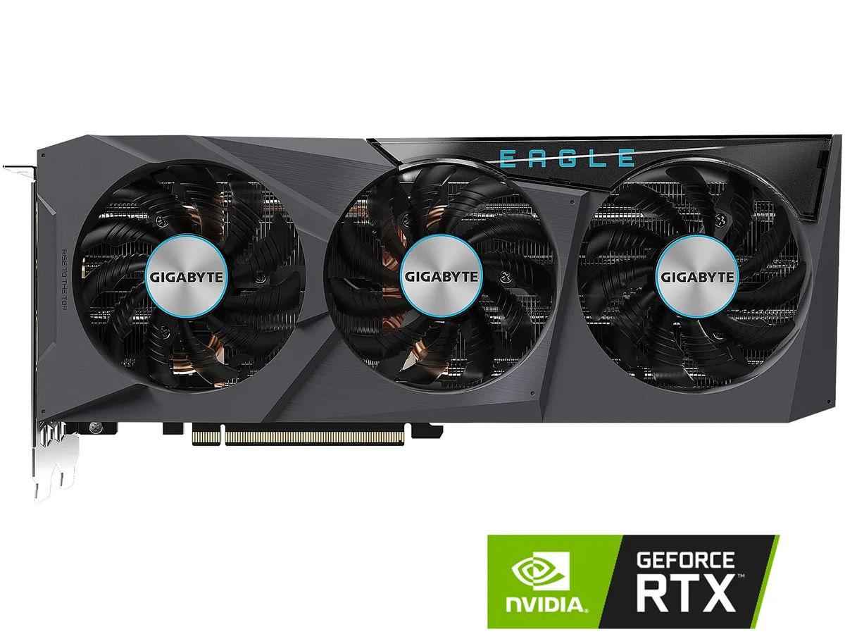 Gray triple-fan graphics card with metal backplate, 283 mm long