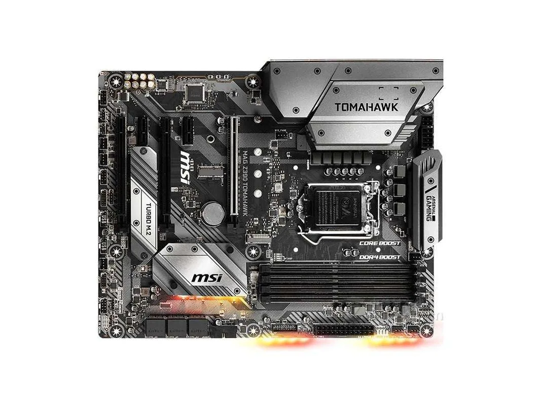 Black ATX motherboard with silver heatsinks and grey PCB
