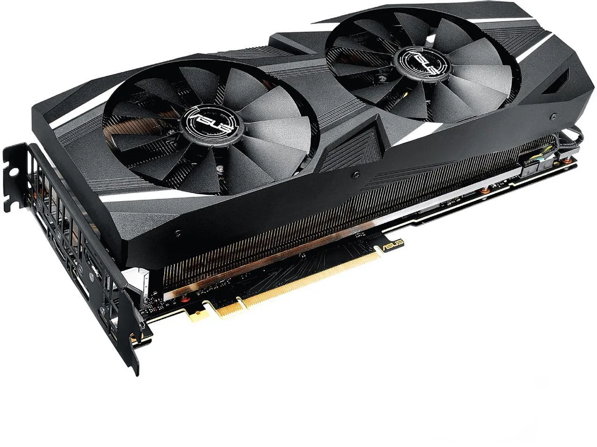 ASUS Dual GeForce RTX 2070 graphics card with two axial fans, silver and black metal shroud, exposed heatsink fins, full-height PCIe