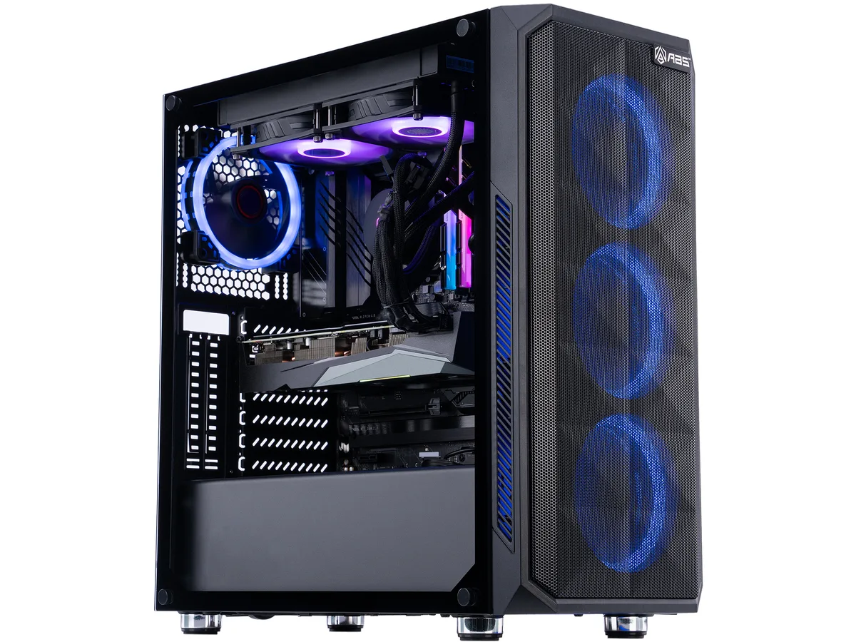 Mid-tower gaming PC in black case with RGB lighting visible through glass side panel