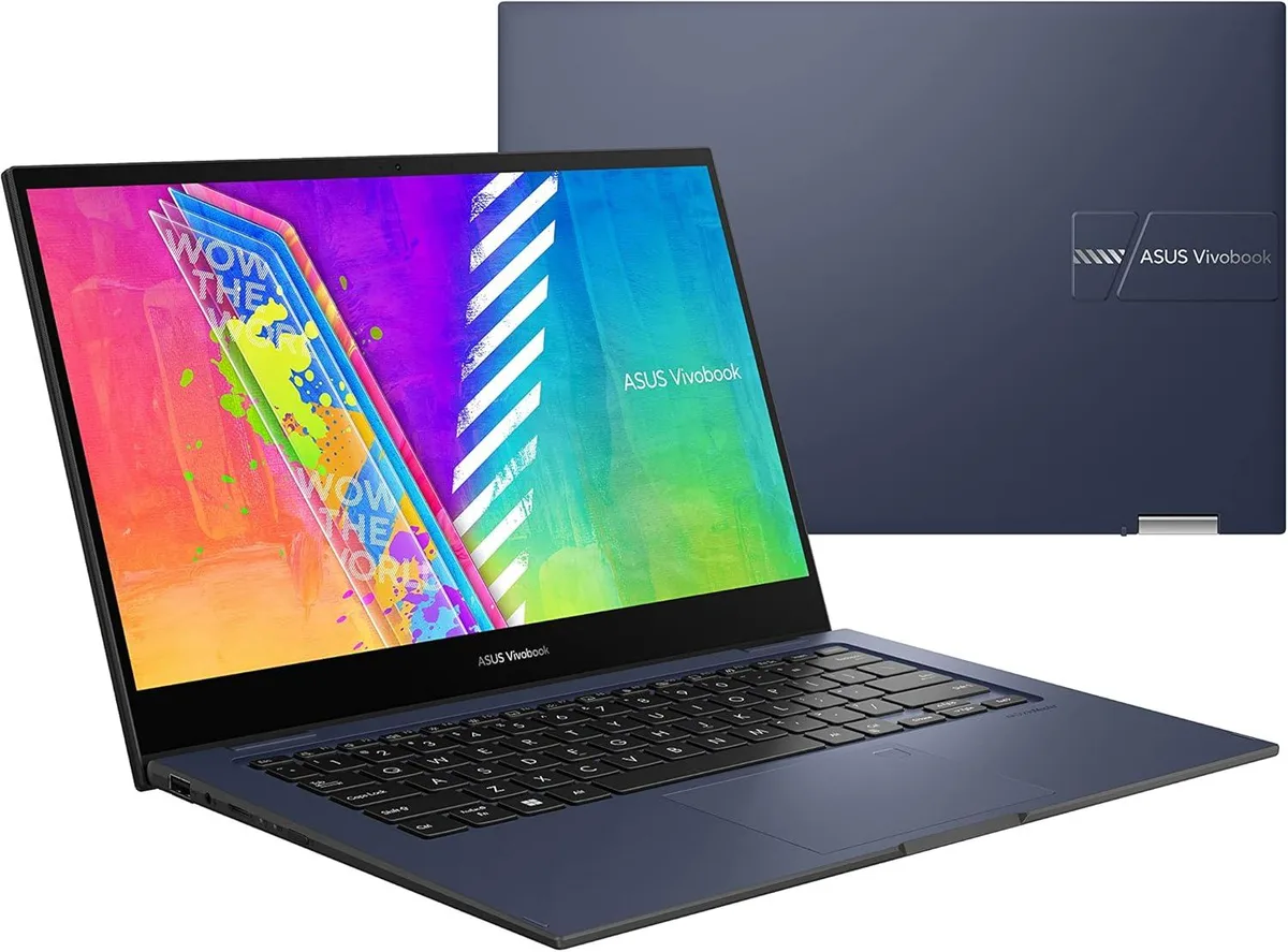 Blue 2-in-1 laptop with 14 inch FHD touchscreen, glossy finish, convertible hinge