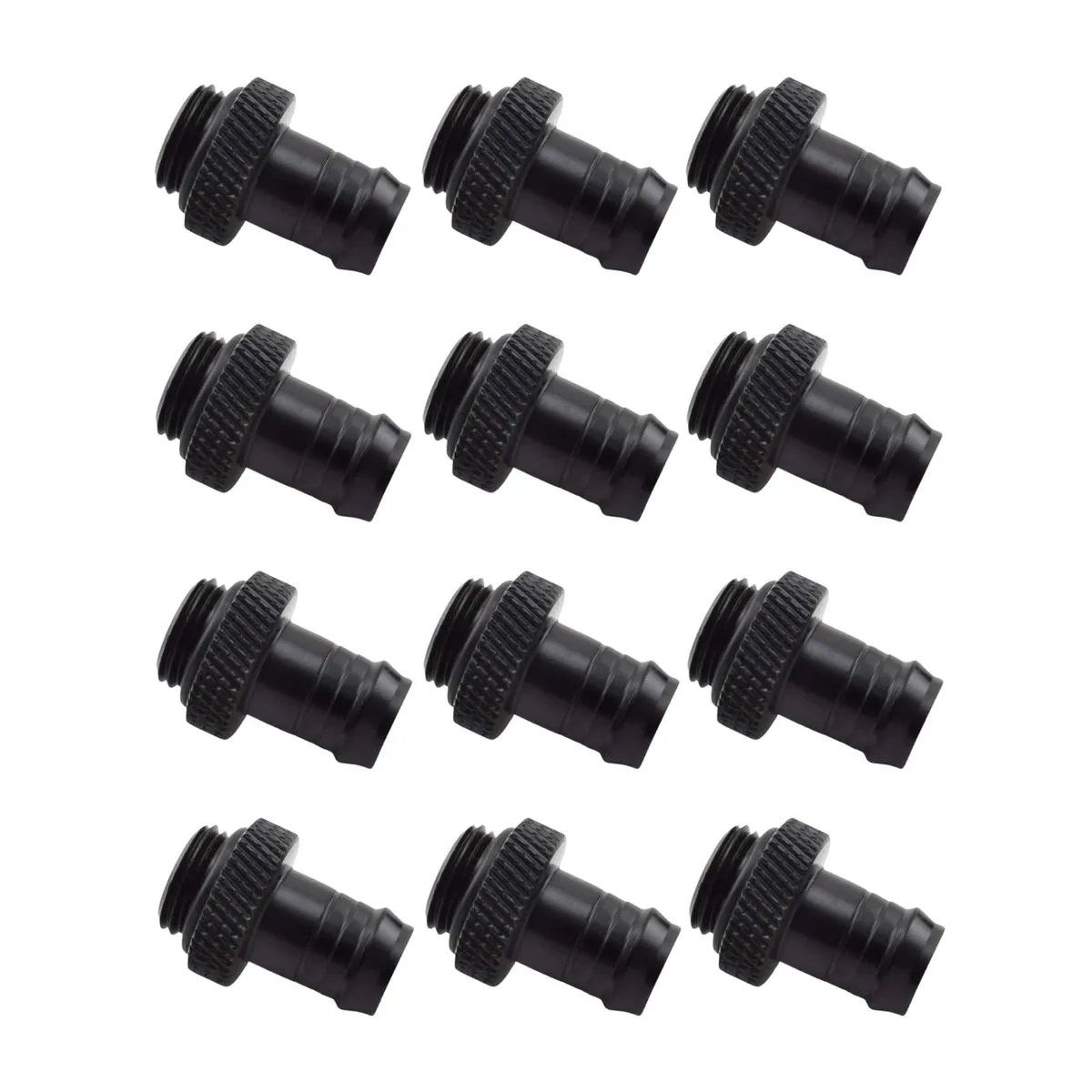 Twelve black chrome brass G1/4" to 3/8" barb fittings with O-rings