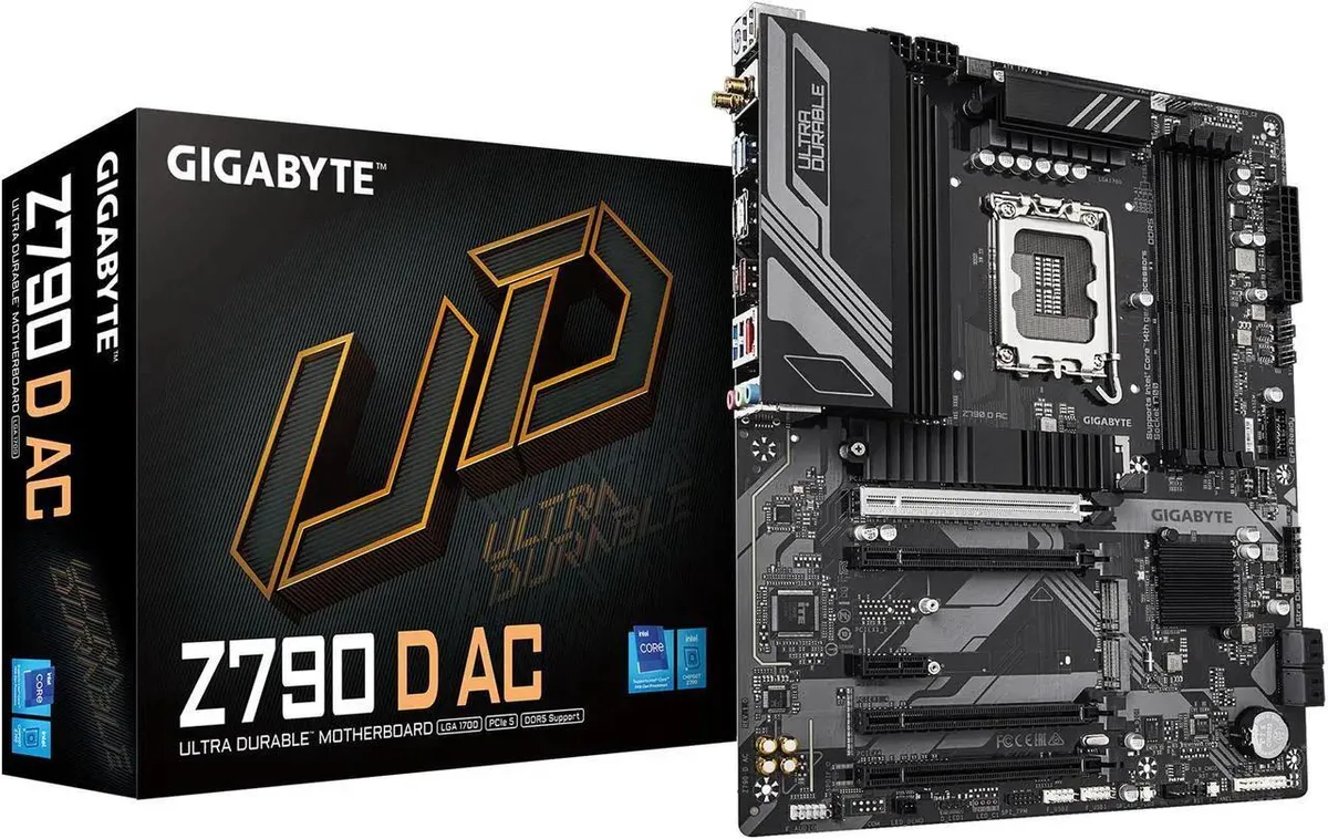 ATX motherboard in black with silver heatsinks and four DDR5 slots