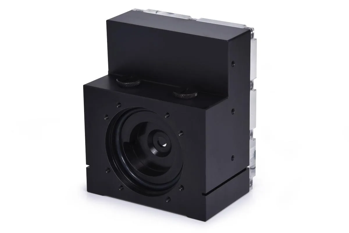 Black acetal reservoir with clear acrylic front cover and integrated D5 pump top, G1/4 threaded ports