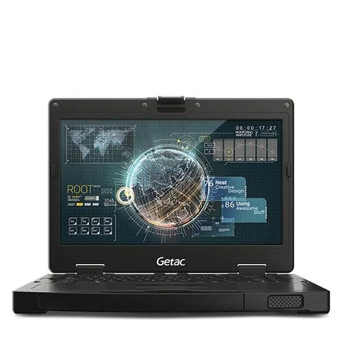 Rugged 14 inch laptop with matte grey finish and integrated handle