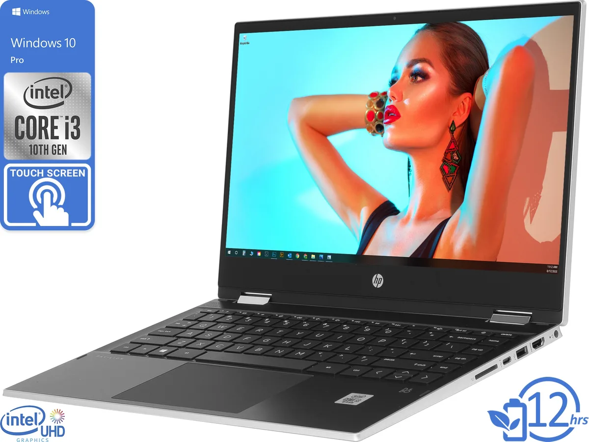 Silver 14-inch convertible laptop with 360-degree hinge and touch display