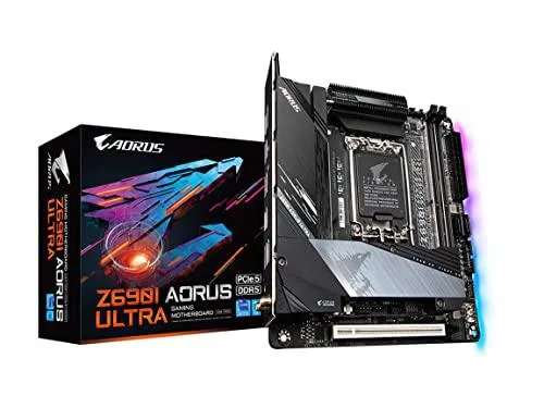 Compact Mini-ITX motherboard with black metal heatsinks and silver accents