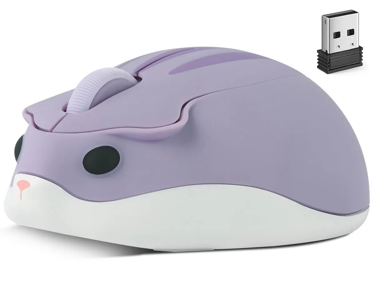 Purple hamster-shaped wireless mouse with 16 buttons and optical sensor