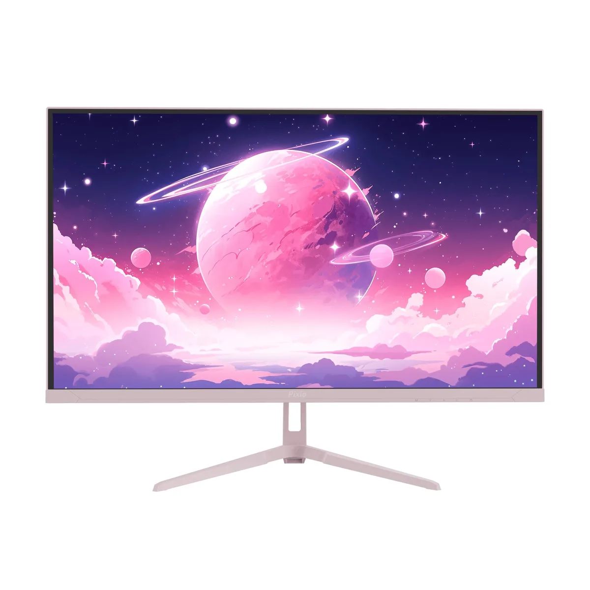 Pink 27 inch frameless gaming monitor on stand