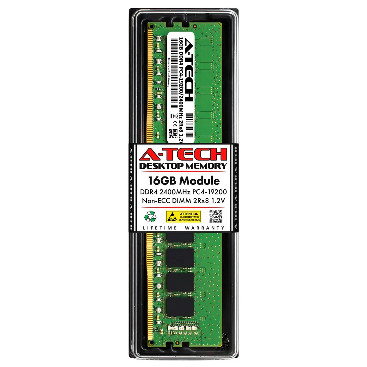 Green rectangular DDR4 DIMM with 288 gold pins and black chips