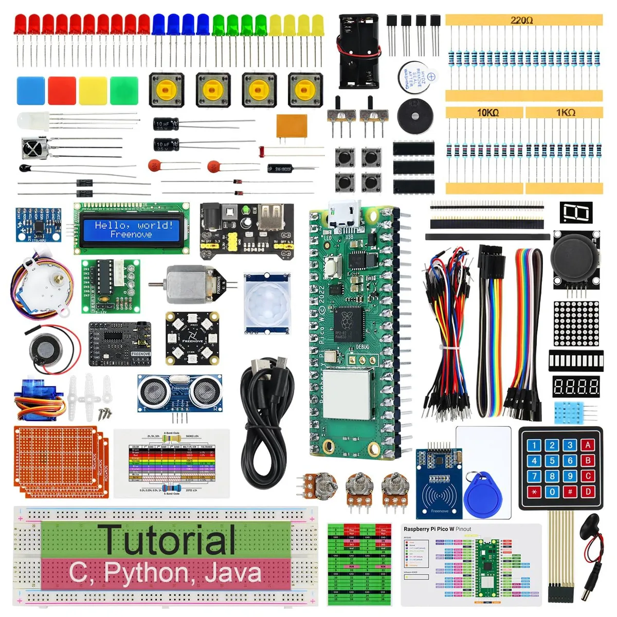 Cardboard box containing Raspberry Pi Pico W board and assorted electronic components, wires, sensors and modules