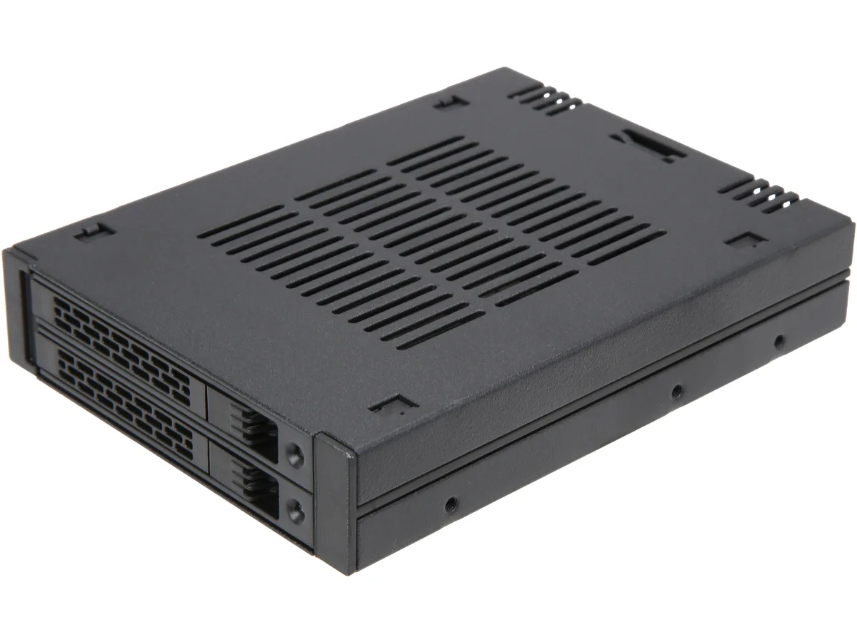 Black metal enclosure holding two 2.5 inch drives in a single 3.5 inch bay