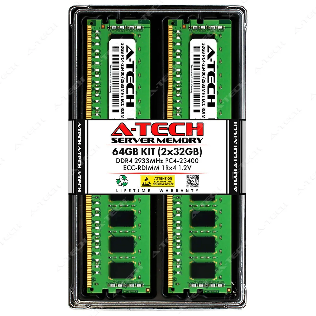Two green DDR4 RDIMM modules with black chips, no heat spreaders, 288 pins