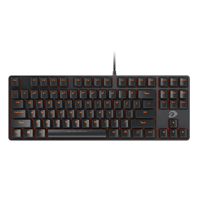 Black tenkeyless mechanical keyboard with orange legends on double-shot keycaps, USB cable attached