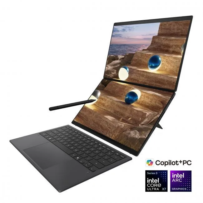 Gray dual-screen 2-in-1 laptop with two 14 inch OLED touchscreens and detachable keyboard