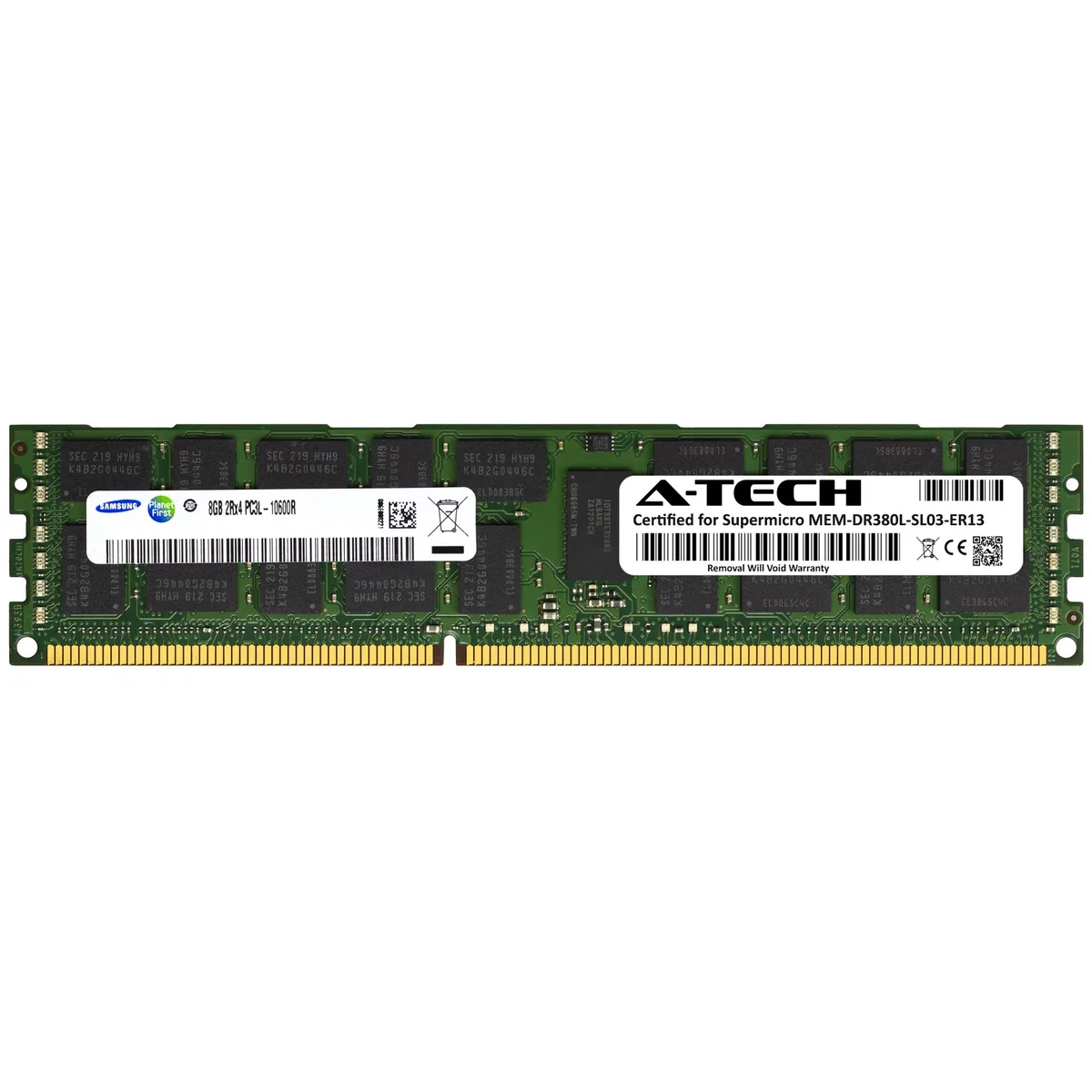 Green rectangular DDR3L server memory module with 240 gold pins and black Samsung chips