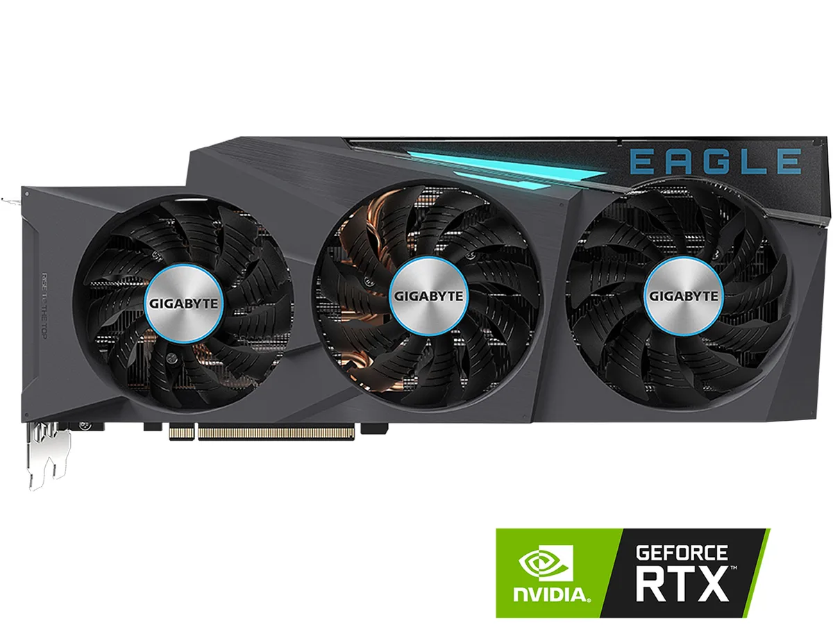 Black triple-fan graphics card with silver accents, 2.7-slot ATX form factor