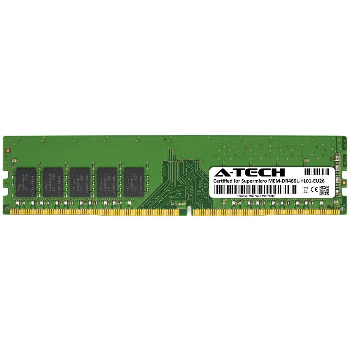 Green circuit board with black memory chips and gold edge connectors