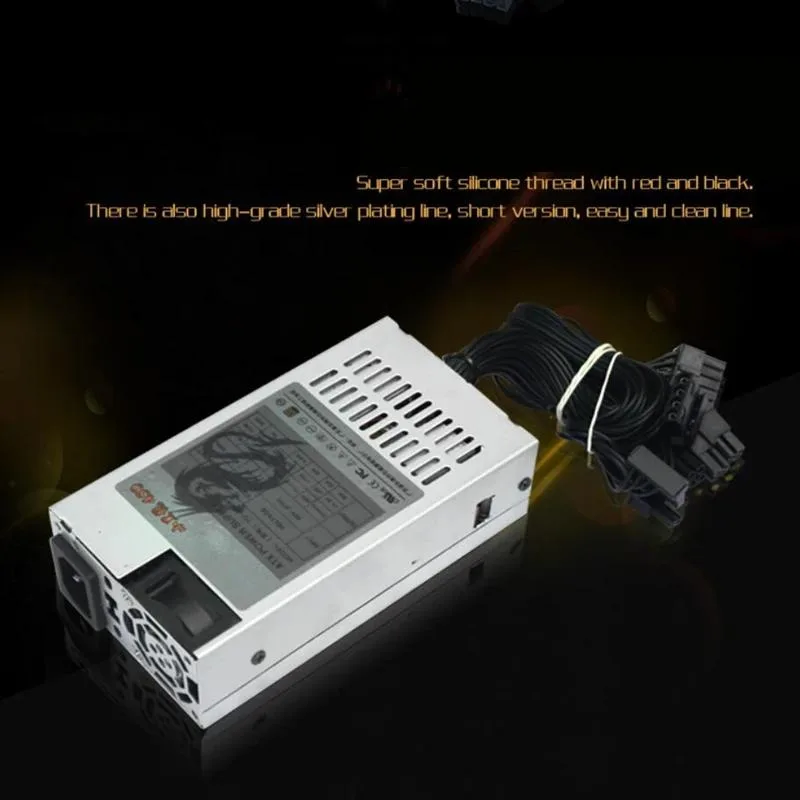 Silver 1U ATX power supply unit with rear fan grille and cable bundle