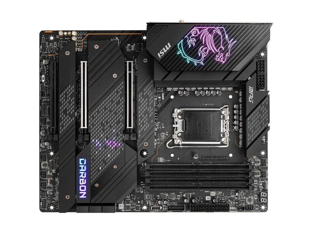 Rectangular ATX motherboard with black carbon-fibre pattern finish and silver heatsinks