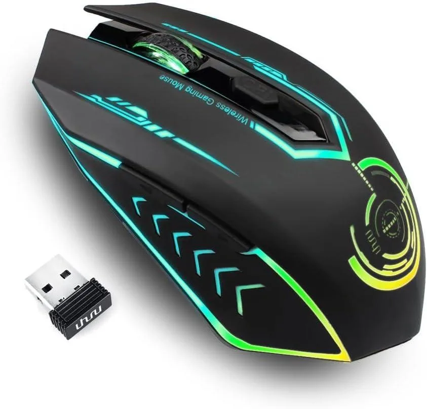 Black wireless gaming mouse with six buttons and cycling LED lights