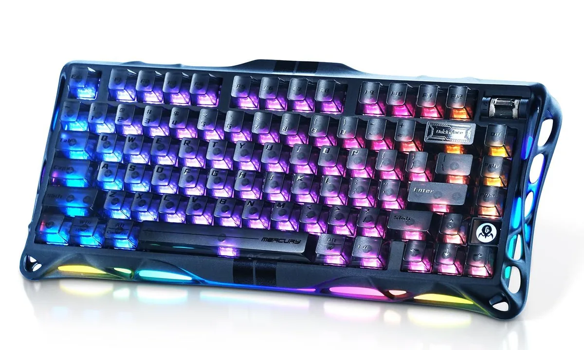 Compact 75 percent keyboard in stealth black aluminium with RGB backlighting