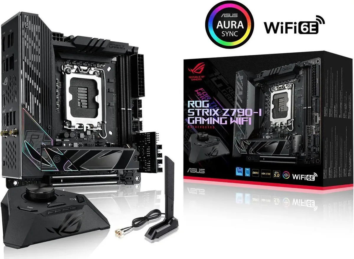Compact mini-ITX motherboard with dark metallic heatsinks and integrated rear I/O cover
