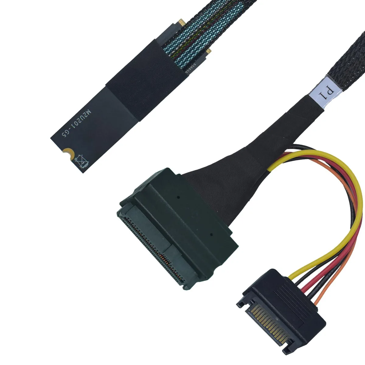 Black braided cable with M.2 male plug on left and straight U.2 female port, 50cm length