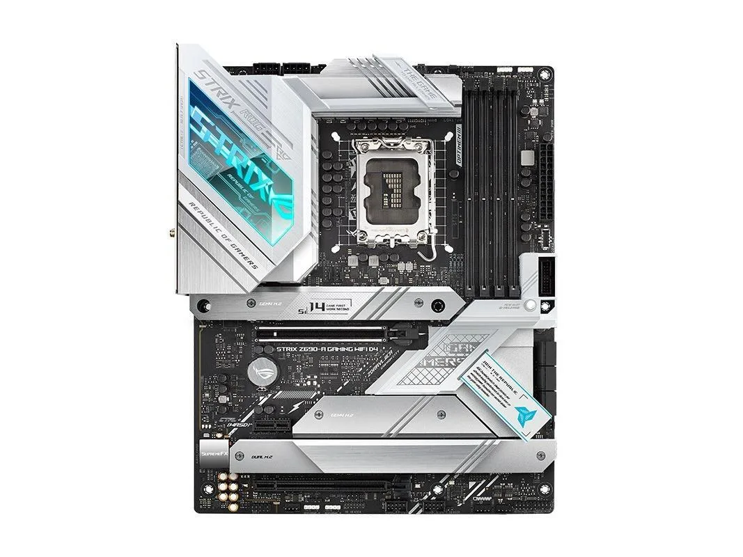 Rectangular ATX motherboard, dark finish with silver heatsinks and ROG branding