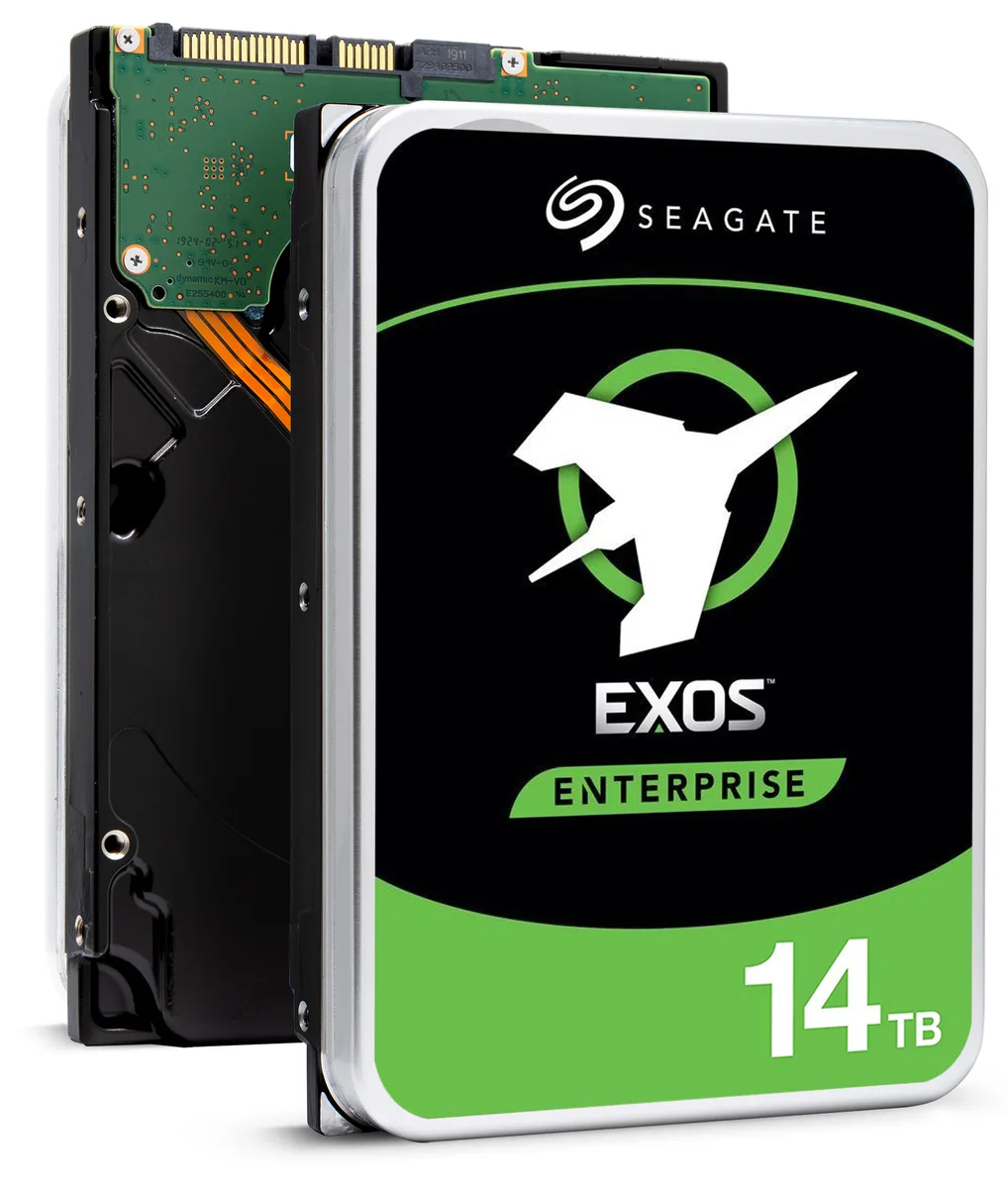 Seagate Exos X16 14TB 3.5 inch bare SATA hard drive, silver aluminium casing, exposed PCB