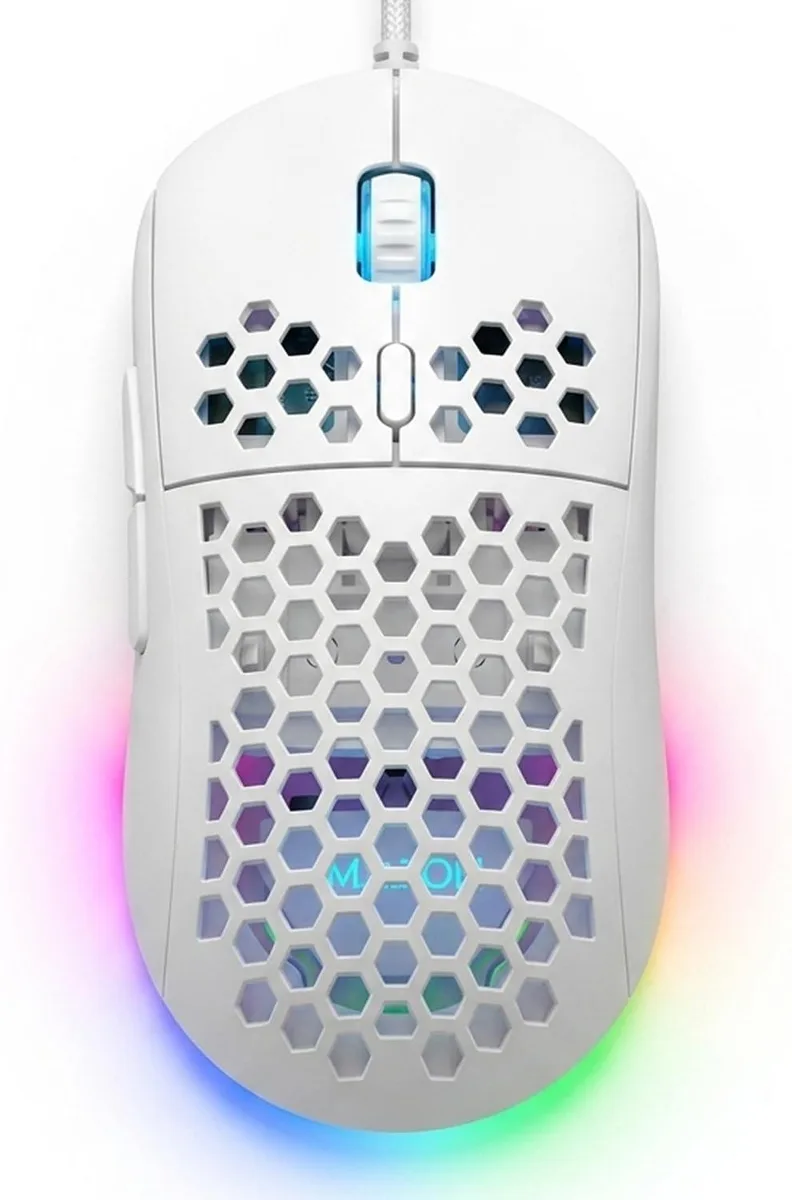 Black honeycomb-shell gaming mouse with braided cable
