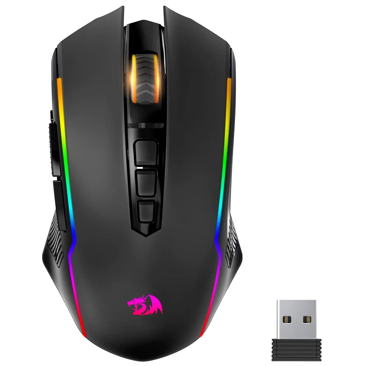 Black right-handed gaming mouse with nine buttons, ergonomic shape and RGB lighting