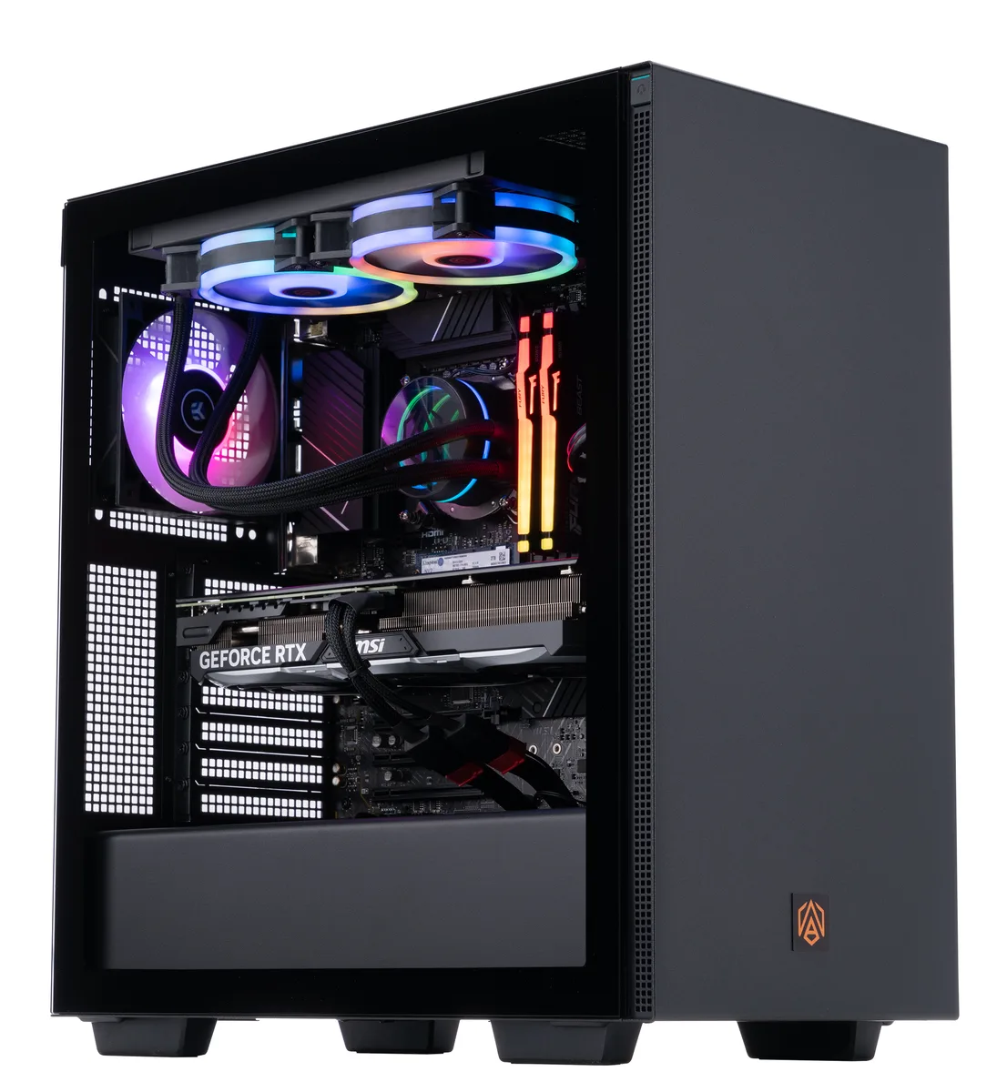 Black mid-tower gaming desktop with RGB liquid cooler visible through side panel