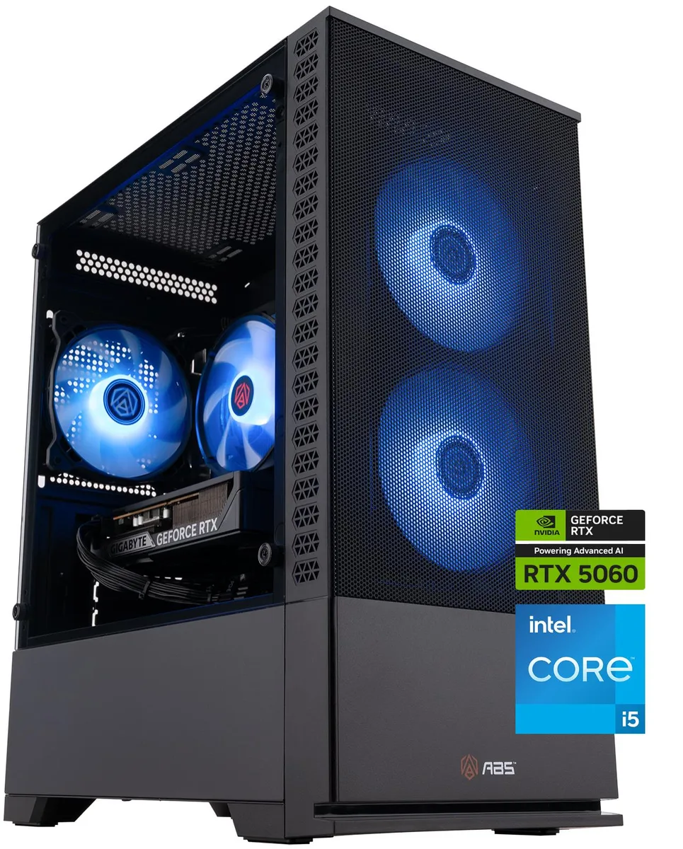 Black micro tower gaming desktop with ARGB CPU cooler visible through side panel