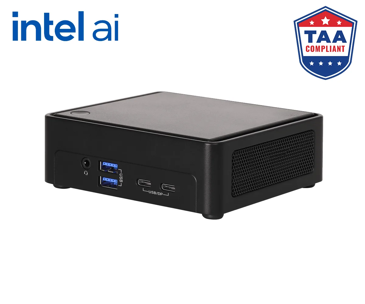 Compact black slim barebone mini PC with front USB and audio ports