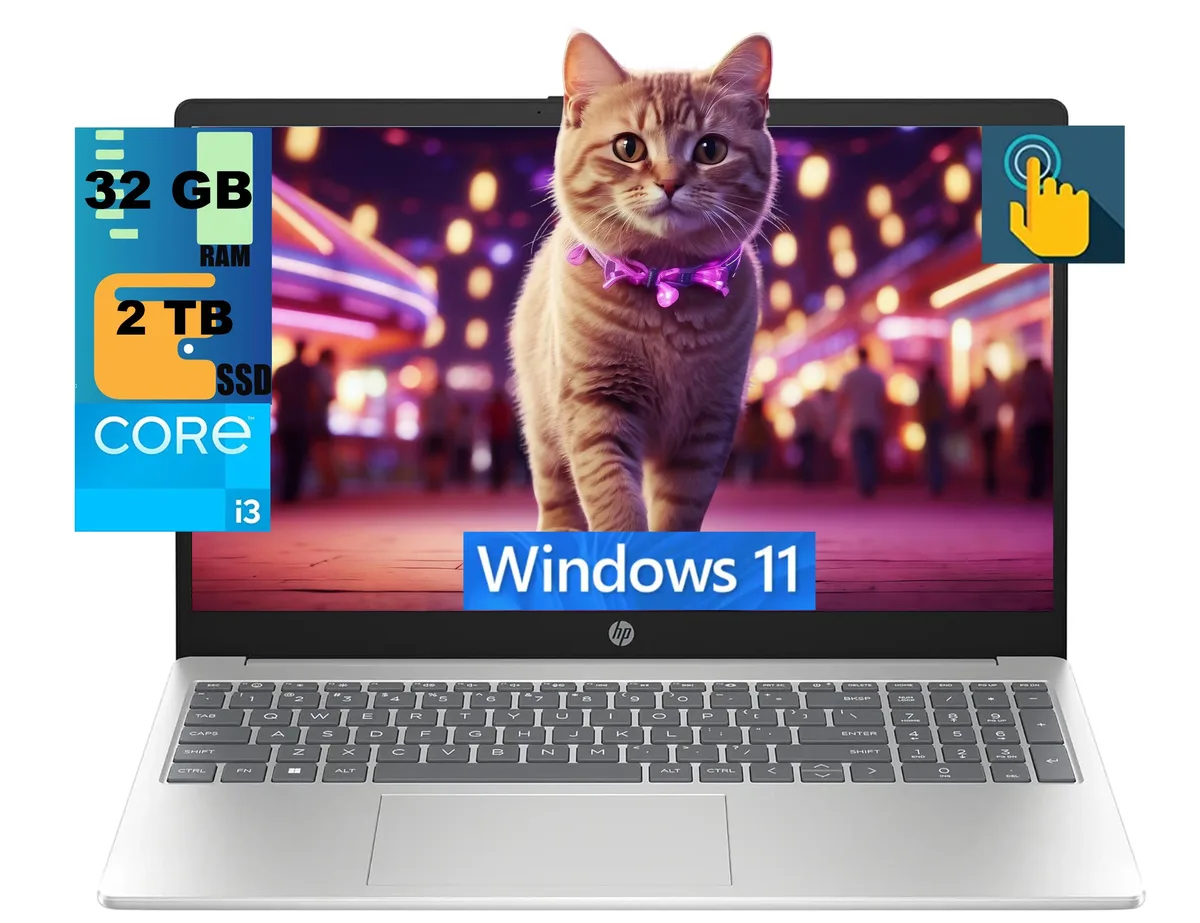 Silver 15.6 inch HD touchscreen laptop, slim profile, integrated webcam, no backlit keyboard
